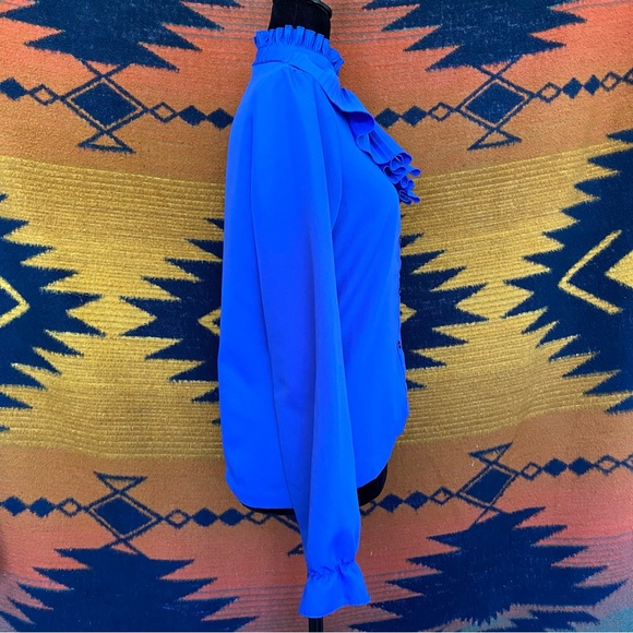 Vintage Shirley of Atlanta poly Royal Blue Ruffled button up blouse. USA. Med. - Picture 3 of 14